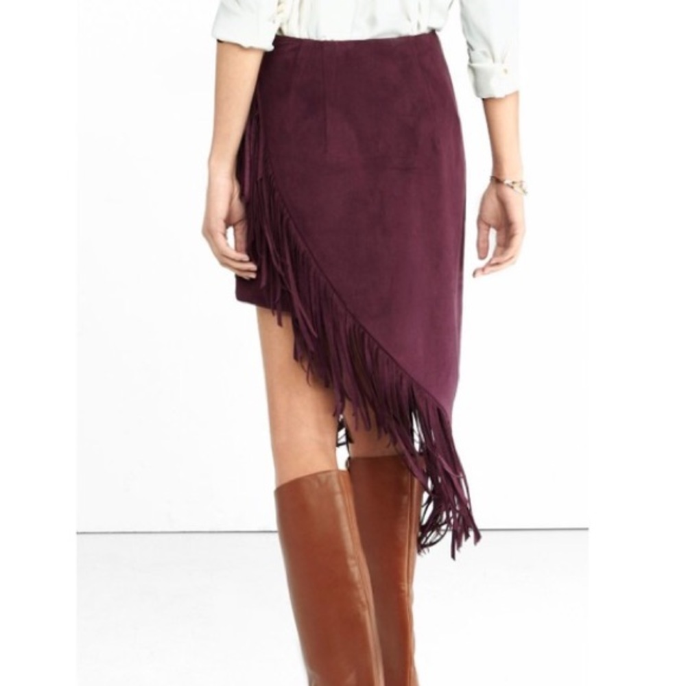 Express Maroon Suede Midi Fringe Skirt
